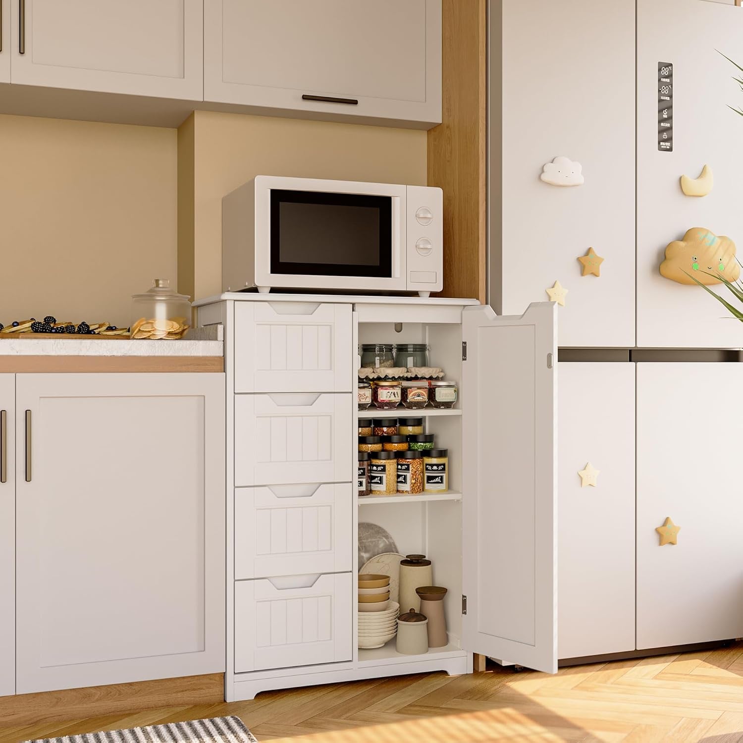 Small Pantry with Door and Shelves, 33'' Kitchen Pantry Storage Cabinet Freestanding Wooden Bathroom Storage Cabinet with 4 Drawers for Kitchen and Dining Room, White