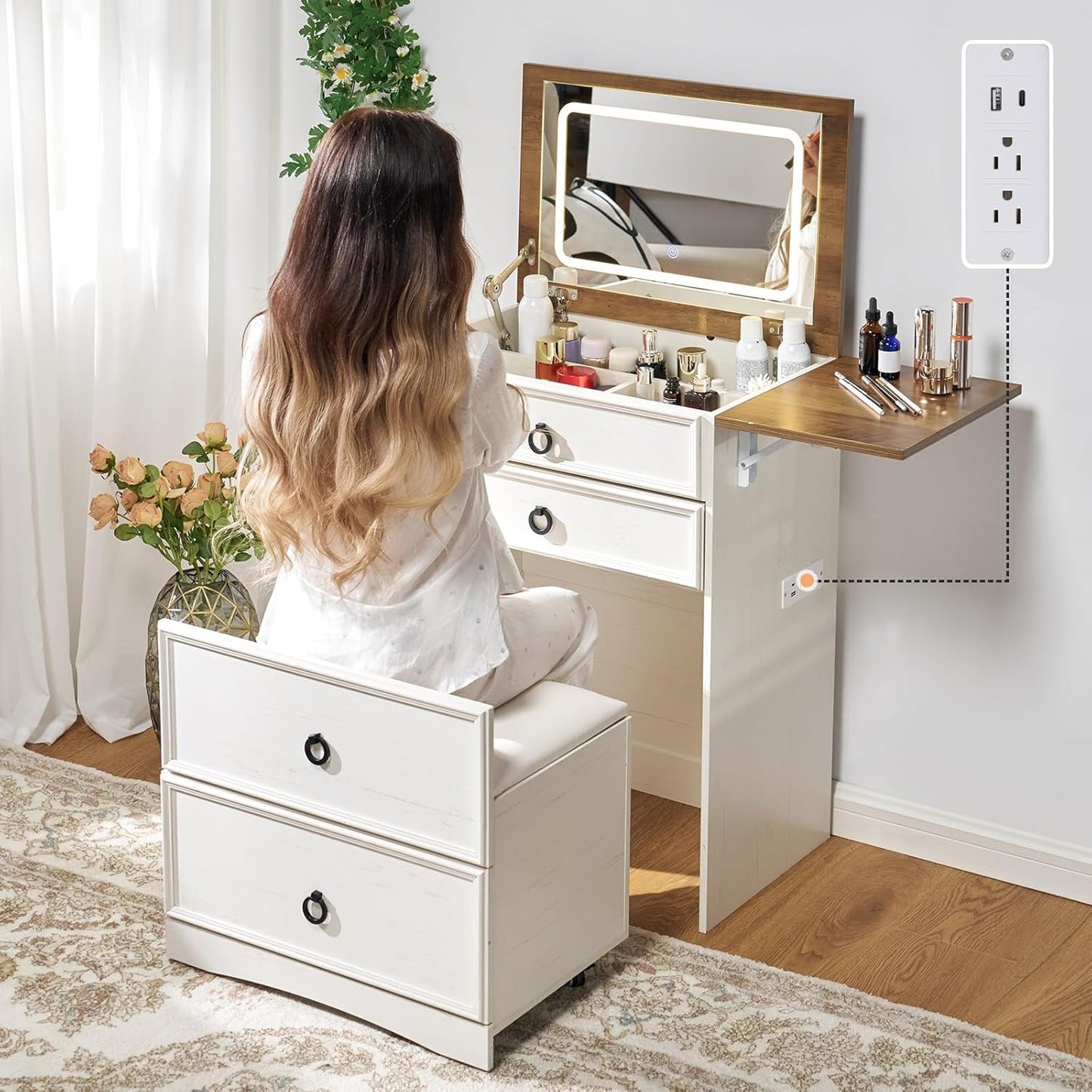 Makeup Vanity Desk with Mirror and Lights, Compact Vanity with Hidden Chair & Charging Station, 3 in 1 Space-Saving Vanity Table for Girls, Small Bedroom & Apartments, White & Barnwood