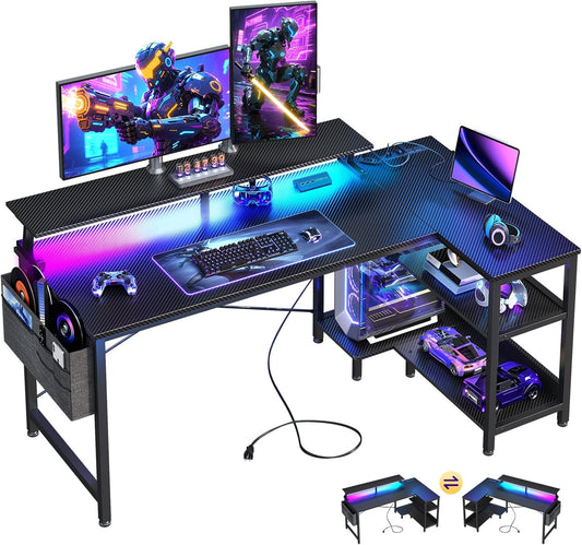 48 Inch Gaming Desk with USB Charging Ports and LED Lights, Reversible L Shaped Computer Desk with Storage Shelves & Monitor Stand, Corner Gamer Desk Table with Power Outlets, Black