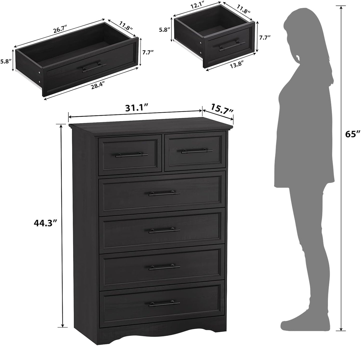 Black Dresser for Bedroom, Modern 6 Chest of Drawers, 44" Tall Chest of Drawers W/Brushed Metal Handle, Wood Closet Organizers and Storage Cabinet for Bedroom, Living Room, Hallway