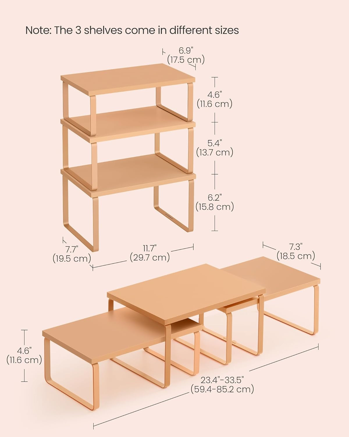 Cabinet Organizer Shelf, Set of 3 Kitchen Counter Shelves, Kitchen Storage, Spice Rack, Stackable, Expandable, Apricot UKCS220Y01V1