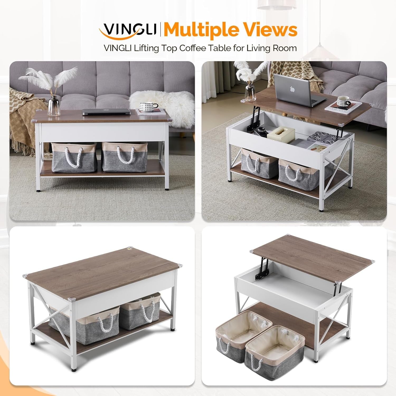 36" Lift Top Coffee Table with Free Cloth Storage Bins, White Walnut Framhouse Coffee Tables for Living Room, Small Modern Coffee Table for Small Space in Minimalistic Style, Dark Walnut