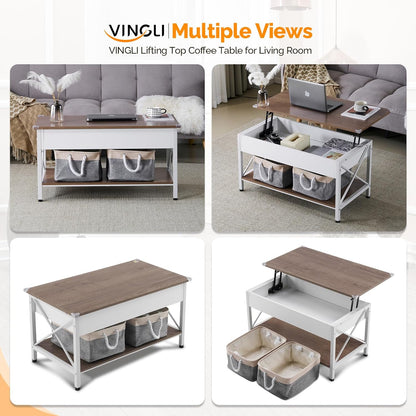 36" Lift Top Coffee Table with Free Cloth Storage Bins, White Walnut Framhouse Coffee Tables for Living Room, Small Modern Coffee Table for Small Space in Minimalistic Style, Dark Walnut