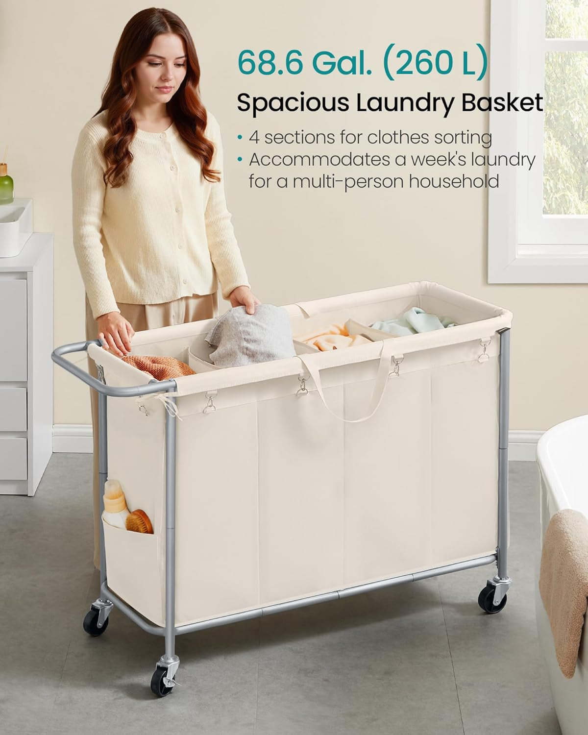 Laundry Basket with Wheels, 4-Section Rolling Laundry Hamper, 68.6 Gallons (260 L), Removable Liner, Steel Frame with Handle, 43.3 X 15.4 X 31.9 Inches, Cream White URLS014W01