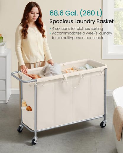 Laundry Basket with Wheels, 4-Section Rolling Laundry Hamper, 68.6 Gallons (260 L), Removable Liner, Steel Frame with Handle, 43.3 X 15.4 X 31.9 Inches, Cream White URLS014W01
