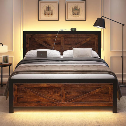 Led Bed Frame King Size with Charging Station, Industrial Platform Bed Frame with Rustic Barn Door Wood Headboard, Strong Metal Slats Support, Noise Free, No Box Spring Needed, Brown