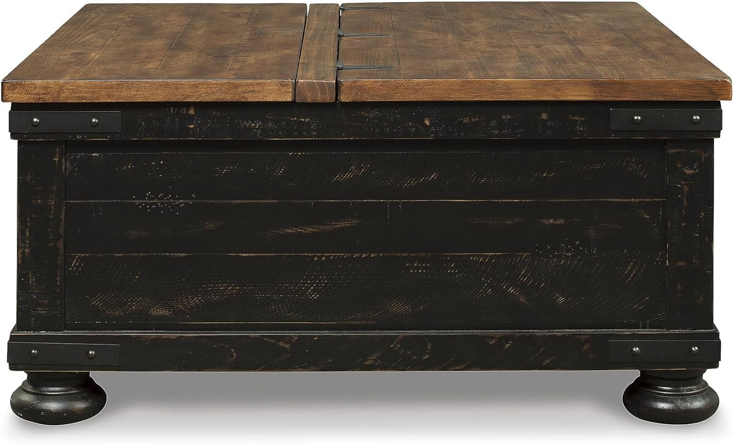 Valebeck Lift Top Coffee Table, Storage, Split-Top Design, Wood, 36" W X 36" D X 18" H, 2-Tone Distressed Brown & Black Finish
