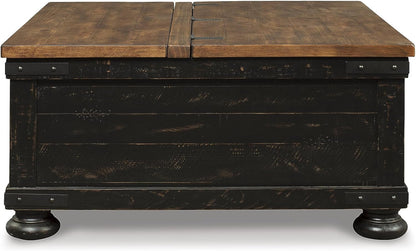 Valebeck Lift Top Coffee Table, Storage, Split-Top Design, Wood, 36" W X 36" D X 18" H, 2-Tone Distressed Brown & Black Finish