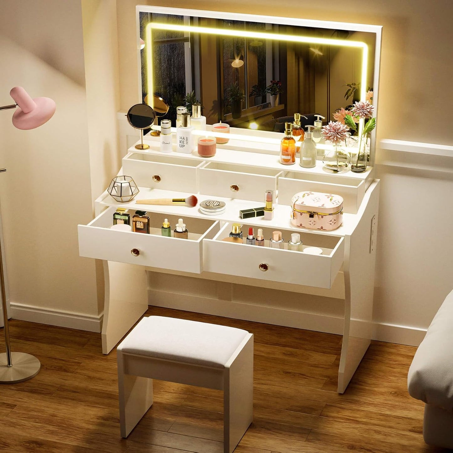 Makeup Vanity Desk with Mirror and Lights, Vanity Table and Chair Set with 5 Drawers and Charging Station, Bedroom Dresser LED Mirror Stepless Dimmable & 3 Color Modes Adjustable, White