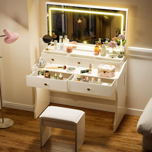 Makeup Vanity Desk with Mirror and Lights, Vanity Table and Chair Set with 5 Drawers and Charging Station, Bedroom Dresser LED Mirror Stepless Dimmable & 3 Color Modes Adjustable, White