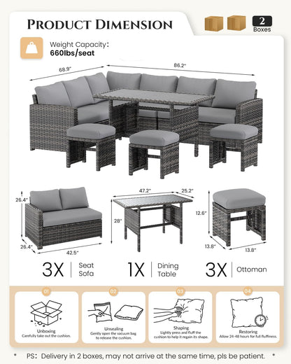 7 Pieces Patio Furniture Set, Outdoor Sectional Sofa Conversation Set, All Weather Wicker Rattan Dining Table & Chair with Ottoman, Grey Rattan&Grey Cushion