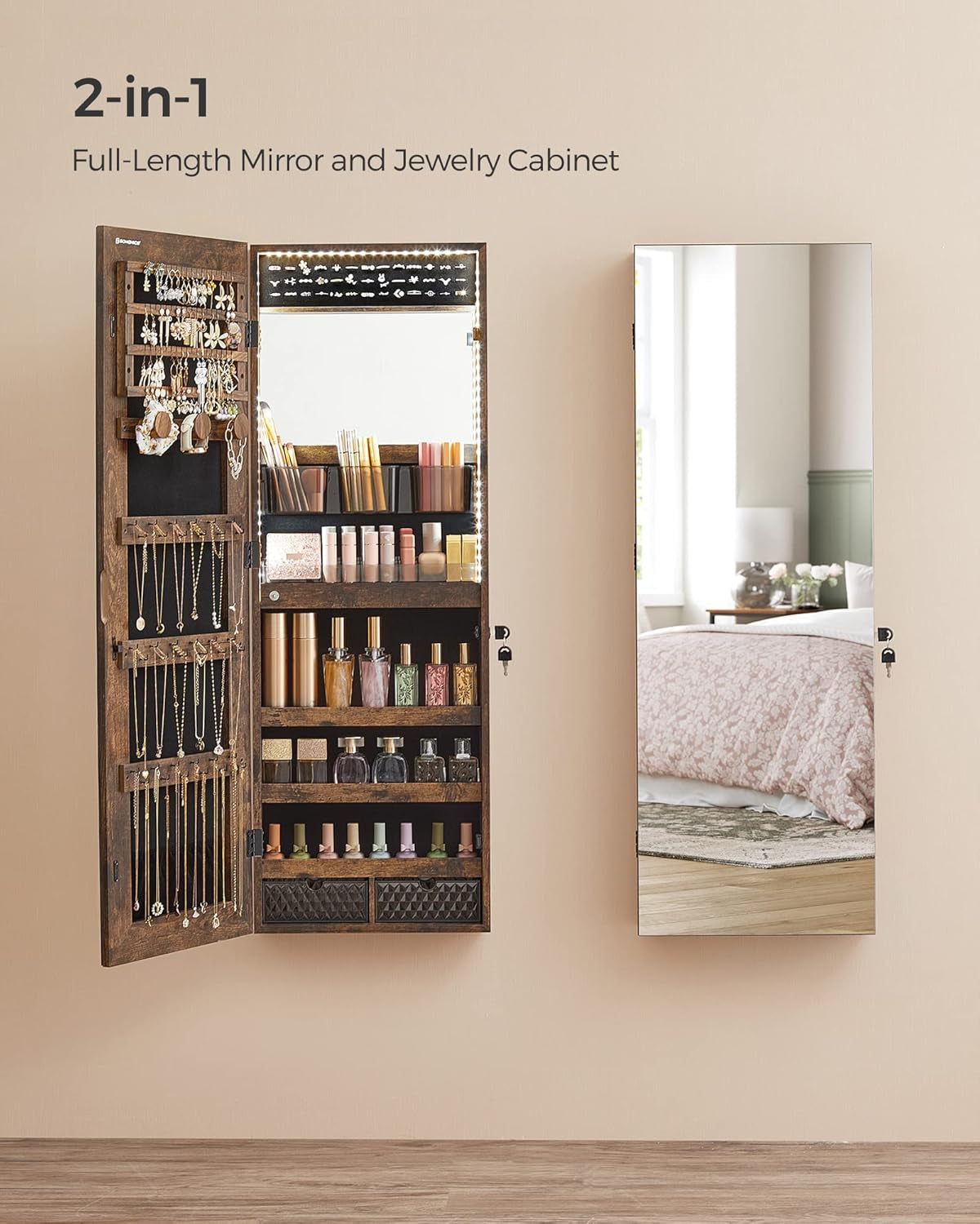 Mirror Jewelry Cabinet Armoire Organizer, Wall or Door Mount Storage Cabinet with Full-Length Frameless Lighted Mirror, Built-In Makeup Mirror, 2 Drawers, Lockable, Rustic Brown UJJC013X01