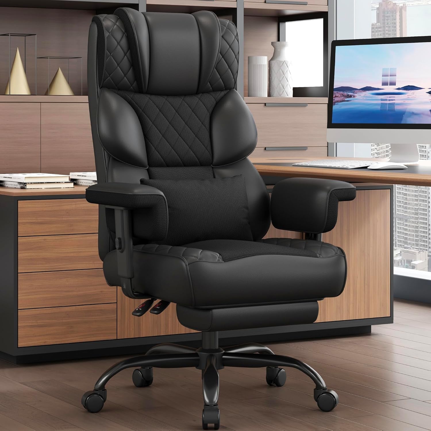 Big and Tall Office Chair, Computer Chair with Soft Adjustable Armrests, Ergonomic High Back Gaming Chair with Lumbar Support, Executive Chairs with Footrest (PU Leather + Mesh Fabric,Black)