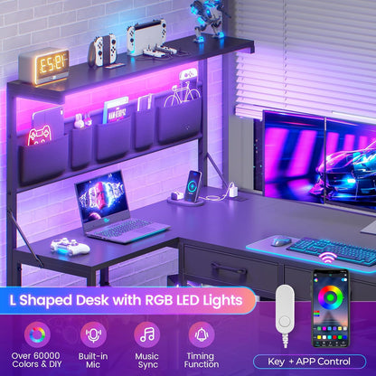L Shaped Gaming Desk, 47.2" Reversible Small Computer Desk with 5 Drawers and Storage Shelves, Corner Gaming Desk with LED Lights and Power Outlet, Black