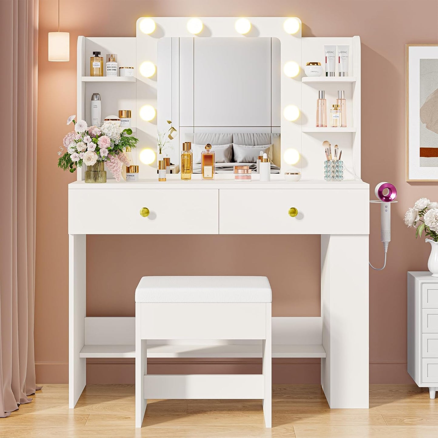 Vanity Desk with Mirror, Compact Makeup Vanity Table with 2 Large Drawers, Shelves, Power Outlet and Side Drawers, 3 Color Modes Adjustable Bulb, Bench Included, White