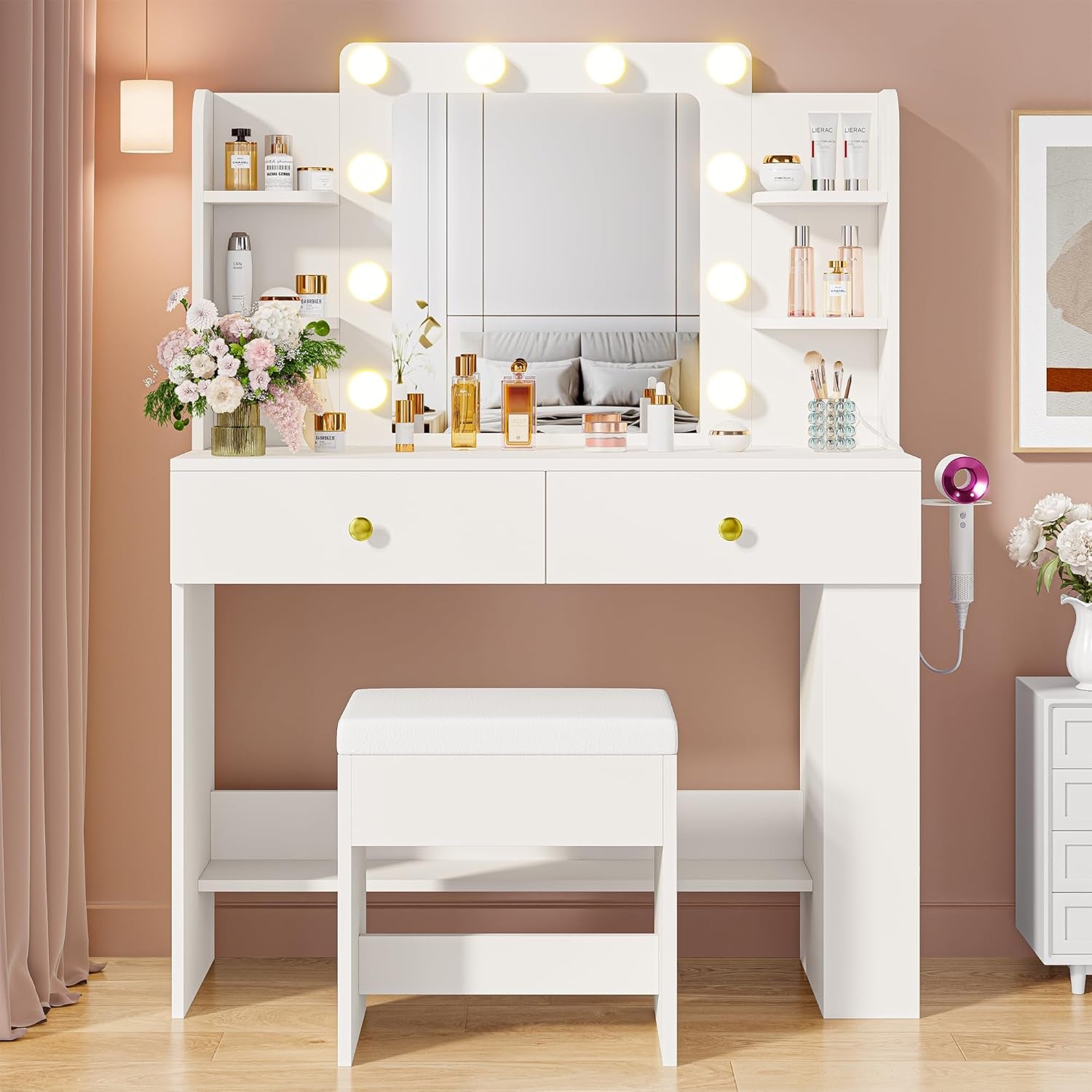 Vanity Desk with Mirror, Compact Makeup Vanity Table with 2 Large Drawers, Shelves, Power Outlet and Side Drawers, 3 Color Modes Adjustable Bulb, Bench Included, White