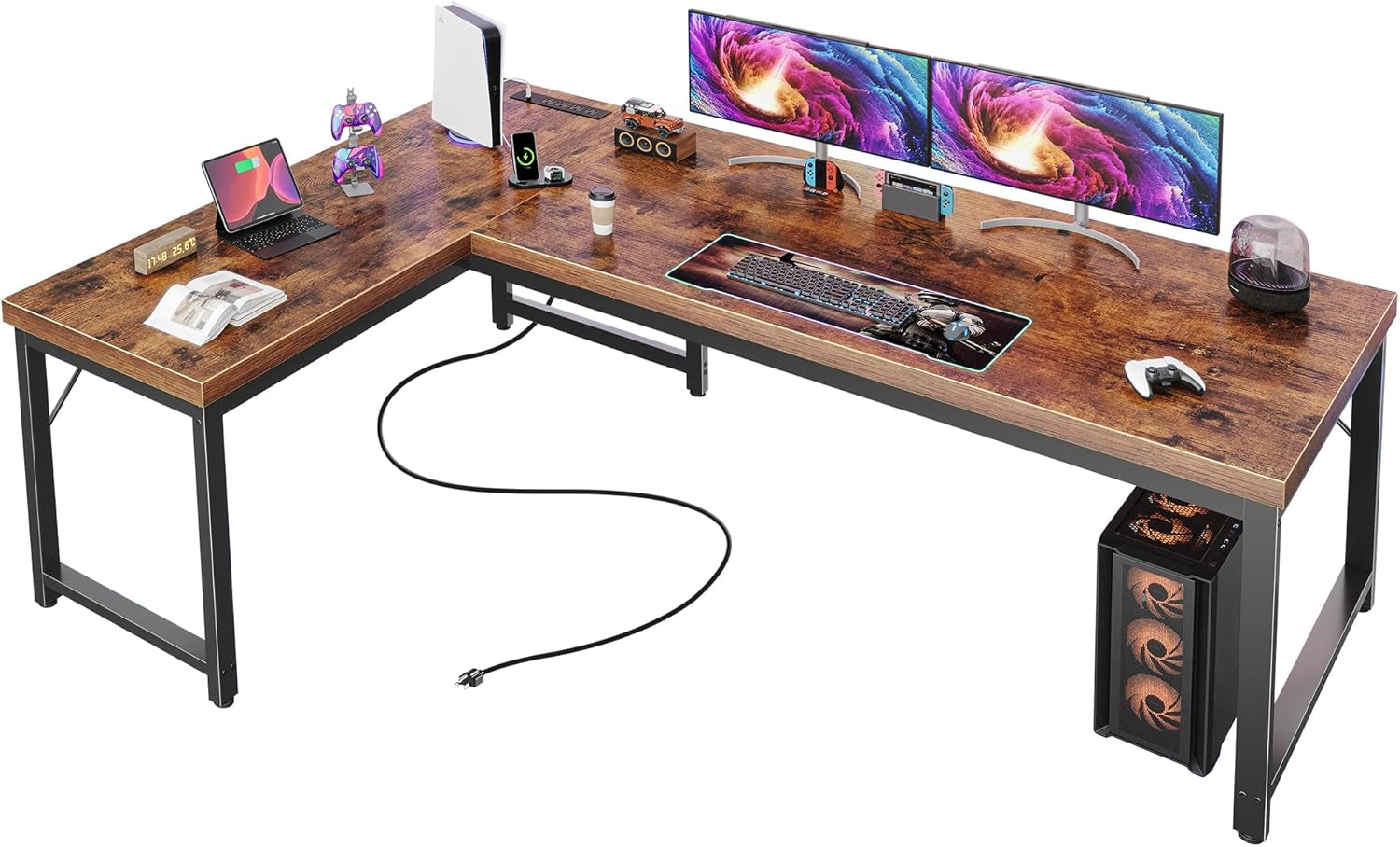 63 Inch L Shaped Desk with Power Outlets and USB-C Port, 0.95 Inch Thicker Desktop, Reversible Computer Desk, Larger Office Corner Gaming Desk, Metal Frame, for Home Office, Study, Rustic Brown