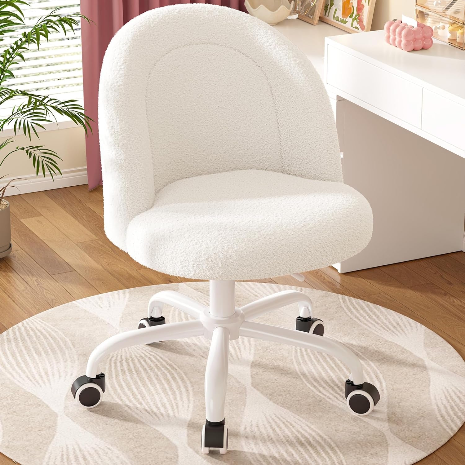 White Vanity Chair with Back, Cute Desk Chair with Wheels, Armless Office Chair Height Adjustable, Soft Lumbar Support for Small Space, Bedroom