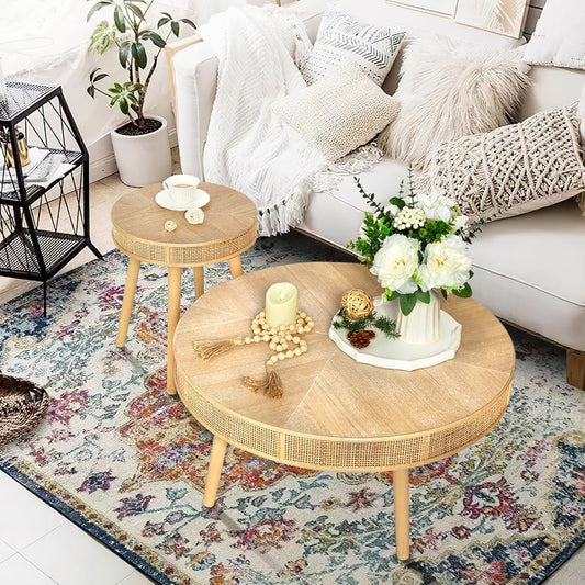 2-Piece Farmhouse Coffee Table, Modern Rustic Sofa Side Tea Tables, Solid Wood Finish with Crafted Rattan Side and End Table Sets for Living Room (Natural)