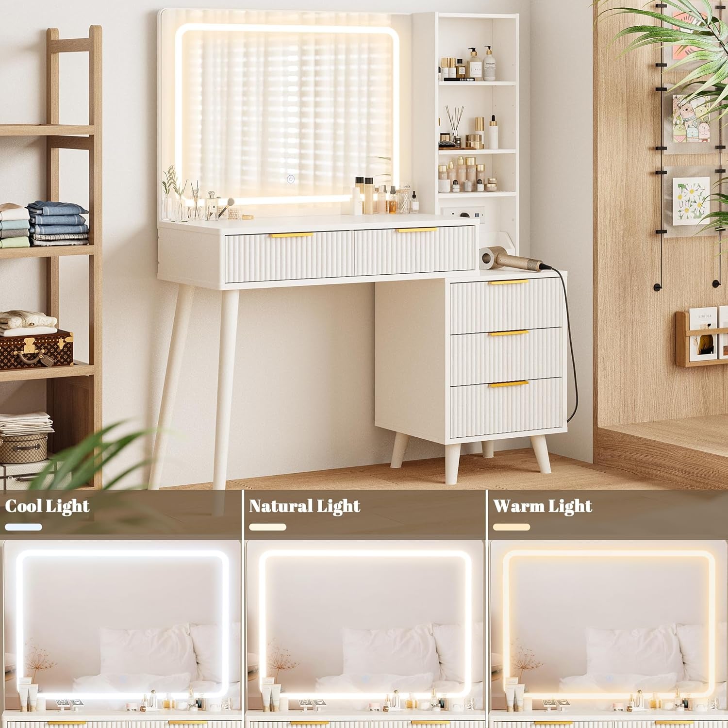 Vanity Desk with Mirror and Lights, Makeup Vanity Desk with Power Outlet, Makeup Desk with 5 Drawers&Storage Shelves, Vanity Table 3 Color Modes Adjustable Brightness Dressing Table Set for Bedroom