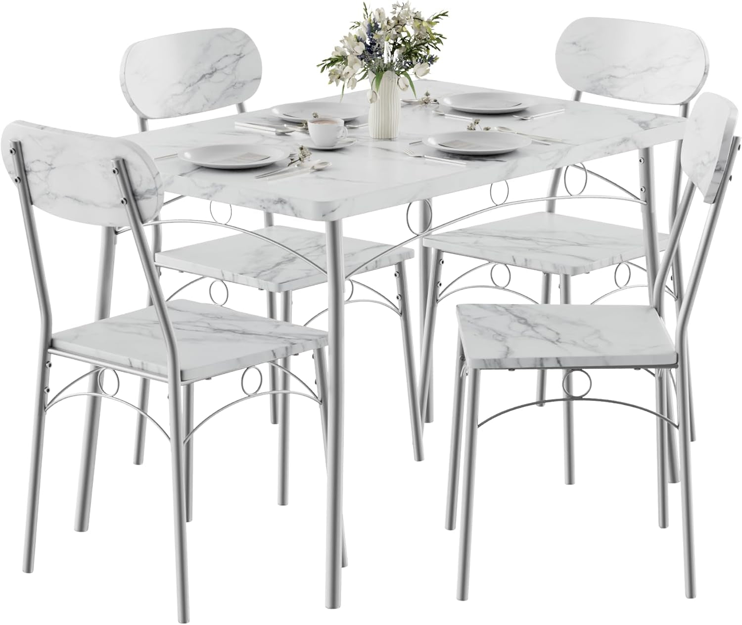 Dining Table Set for 4, 5-Piece Kitchen Table with 4 Chairs, MDF Board Tabletop with Metal Frame for Small Space, Compact Dinette, Breakfast Nook, White