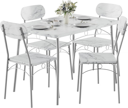 Dining Table Set for 4, 5-Piece Kitchen Table with 4 Chairs, MDF Board Tabletop with Metal Frame for Small Space, Compact Dinette, Breakfast Nook, White