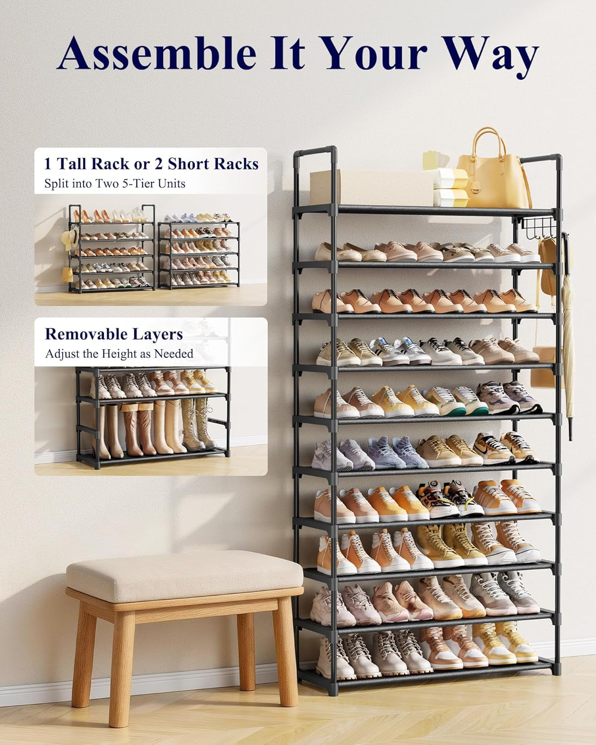 Shoe Rack for Closet - 10-Tier Shoe Organizer with Hook Rack, Large-Capacity & Space-Saving Shoe Shelf for Entryway, Bedroom, Living Room,32.2" X 11.8" X 68.5", Black