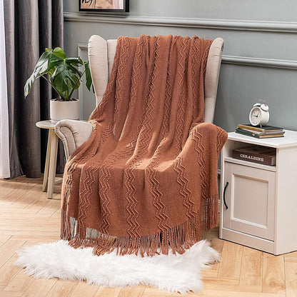Knitted Boho Throw Blanket for Couch Textured Knit Terracotta Rust Blanket with Tassels Cozy Woven Farmhouse Blanket for Sofa Bed Chair Wave Pattern Fall Decor 50"X60", Orange