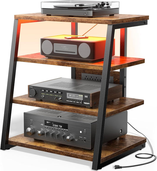 AV Media Stand with Outlets, Stereo Stands and Racks with Vinyl Storage, Stereo Stand with Record Storage, Audio Stereo Rack Cabinet, Turntable Console Stand with LED Lights, 4 Tiers, Rustic Brown
