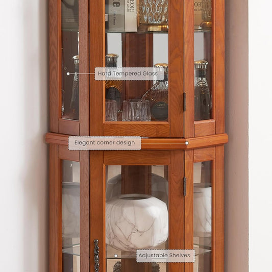 70.5" H Lighted Corner Display Curio Cabinet, Wooden Shelving Unit with Tempered Glass Doors, Bar and Liquor Storage Area, Rack for Living Room (Oak)