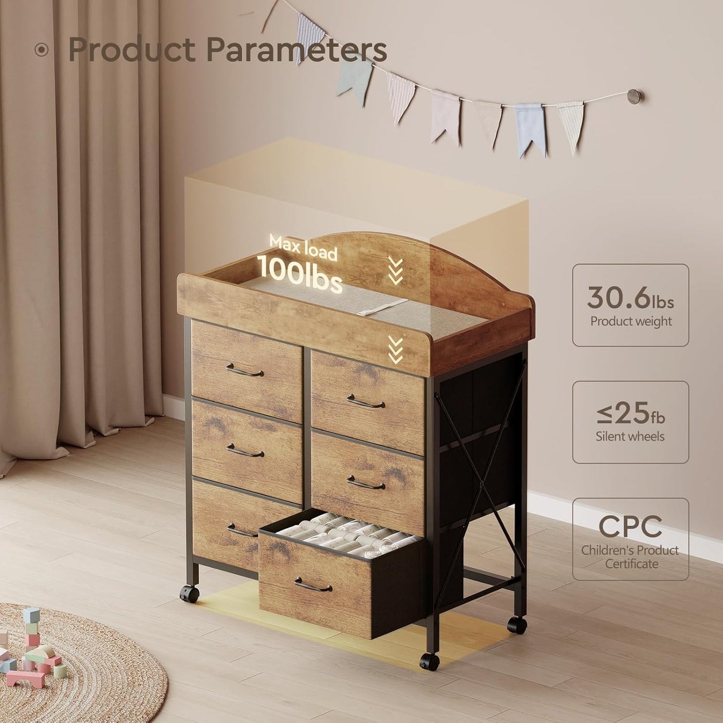 Baby Changing Table Dresser with Wheels, 6-Fabric Drawer Baby Dresser with Changing Table Top, Waterproof Diaper Changing Station & Pad, Mobile Storage Unit, Baby Furniture, Rustic Brown
