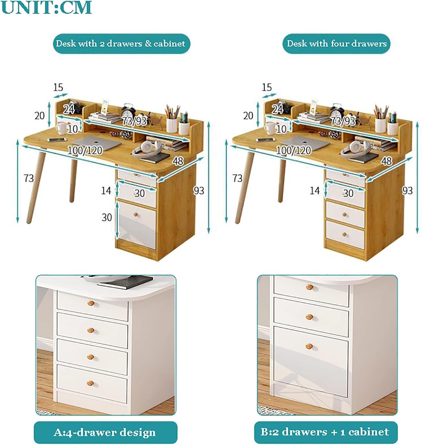 White Writing Desk with Drawer & Cabinet,Wood Computer Hutch,Home Office Desk,Small Study Desk,Workstation Pc Laptop Table for Bedroom Home Office，White B 120Cm/47