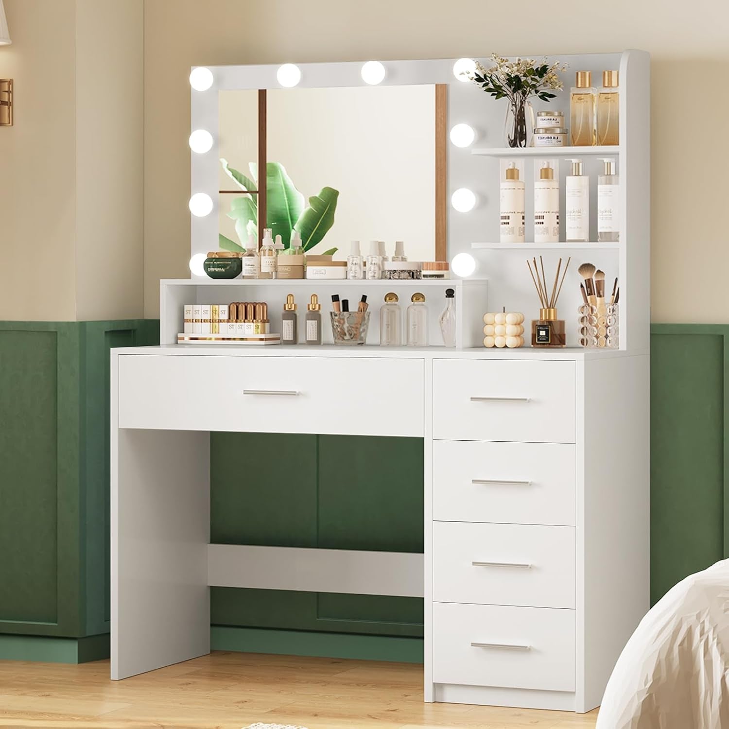 Makeup Vanity Desk with Mirror & Lights, Vanity Desk with 5 Drawers & Storage Shelves, Vanity Table, 3 Color Modes & Adjustable Brightness Dressing Table, Bedroom, White