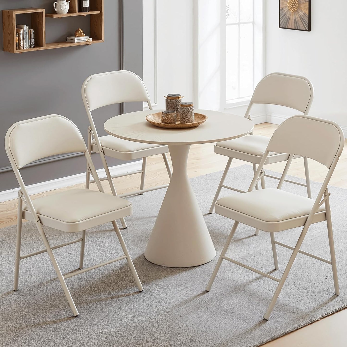 Folding Chairs 4 Pack with Vinyl-Padded Cushion and Back, Sturdy Metal Steel Foldable Chair, Portable Stackable Commercial Guest Seat for Indoor/Outdoor Events, Home, Office Use, Khaki