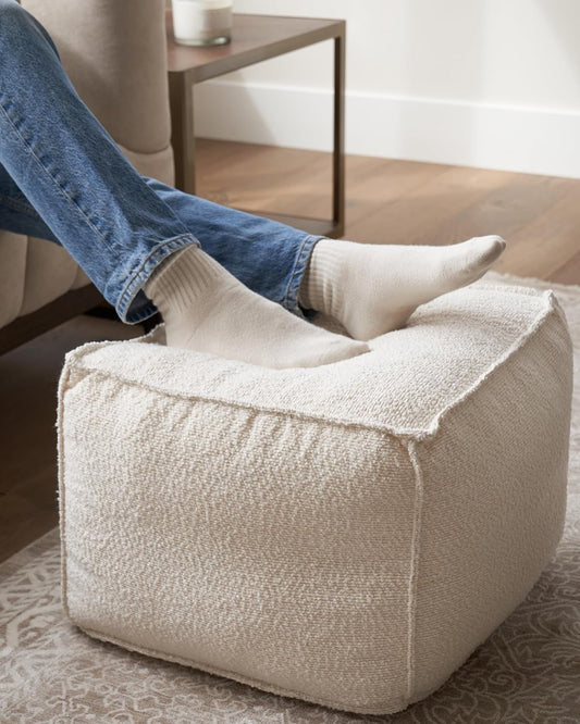 Beautiful Boucle Pouf Ottoman and Foot Rest - Elevate Your Living Room Decor with Lightweight Comfort and Charm - a round Modern Foam Filled Foot Stool Perfect to Rest Your Feet
