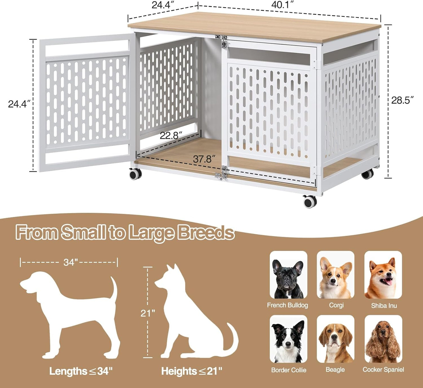 40.1" Dog Crate Furniture for Medium and Large Breed, Decorative Dog Kennel Indoor with Lockable Wheels, Heavy Duty Wooden End Side Table Pet Cage, Chew-Resistant, White