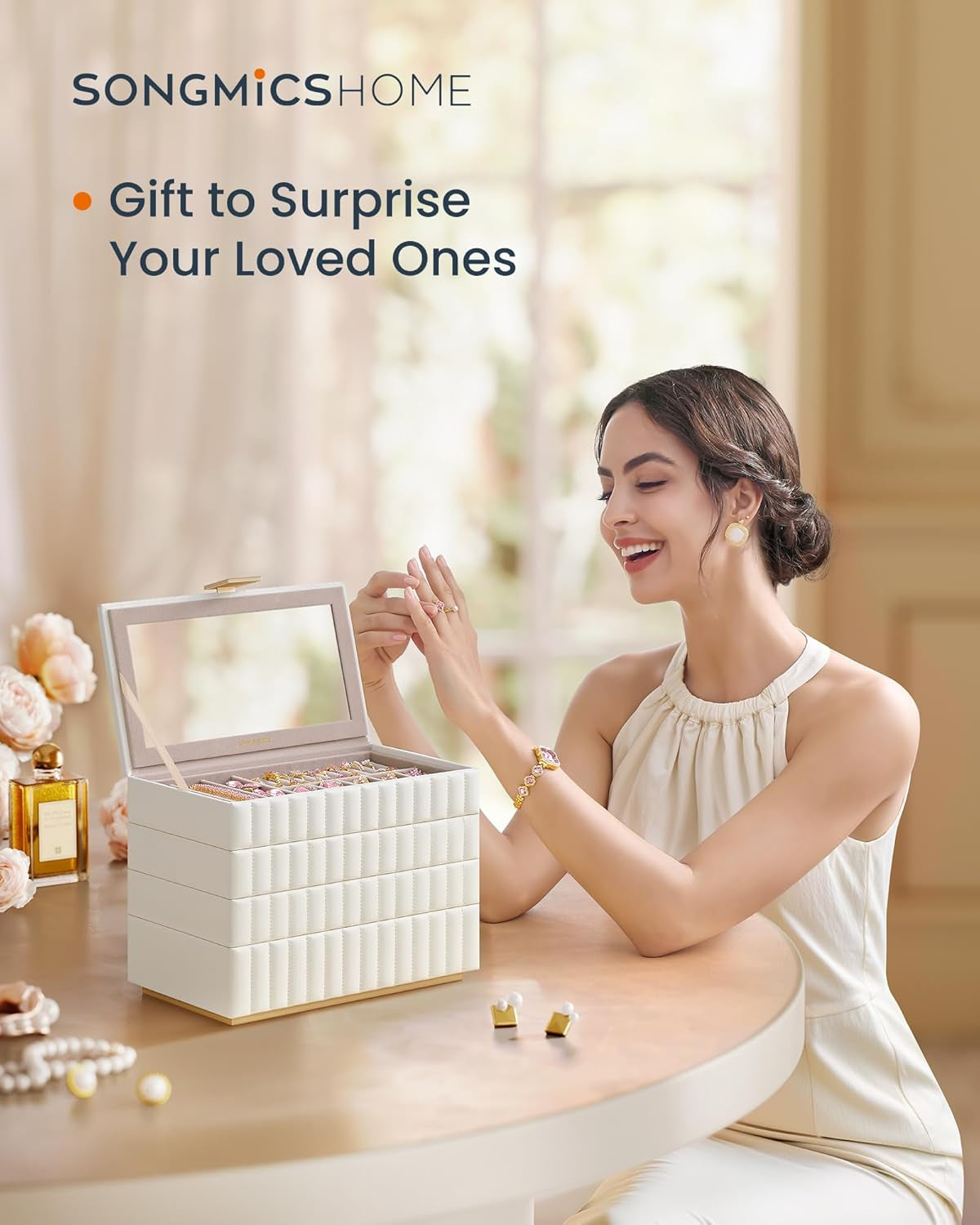 HOME Stackable Jewelry Box with Mirror, 4-Tier Jewelry Storage Organizer, PU Surface with Stitching, Floating Effect, 6.7 X 11 X 8 Inches, Cloud White, ANAH Collection UJBC181W01