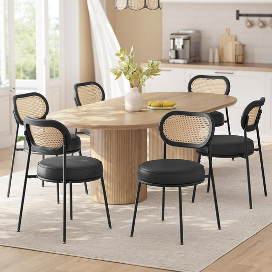 Dining Chairs, Set of 6 Accent Chair for Dining Room Kitchen, with Boho PE Rattan Back, Synthetic Leather Upholstery, Ink Black ULDC160B26