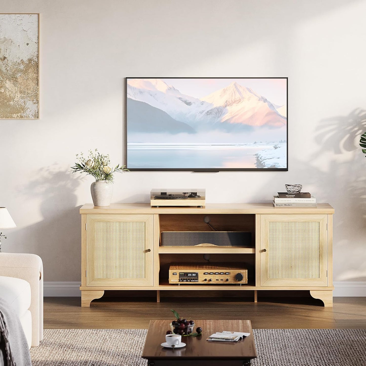Rattan TV Stand for Living Room, Boho Entertainment Center for 55, 65, 70 Inch TV, Wooden Console Cabinet with Storage and Shelf, Natural Oak