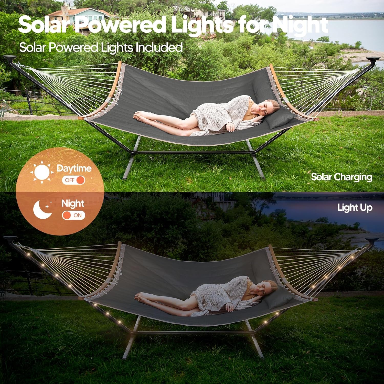 Double Backyard Hammock with Solar Powered Lights for Outside, 475 Lbs Capacity, Heavy Duty Self Standing Hammock with 12 Ft Stand, Dark Grey