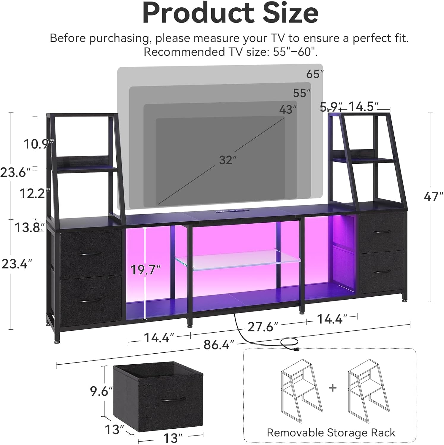 TV Stand for 40-60 Inch Tvs, Entertainment Center with LED Lights & Power Outlets, 4 Drawer Modern TV Media Console and Bookshelf TV Stand Combo for Living Room Bedroom, Black