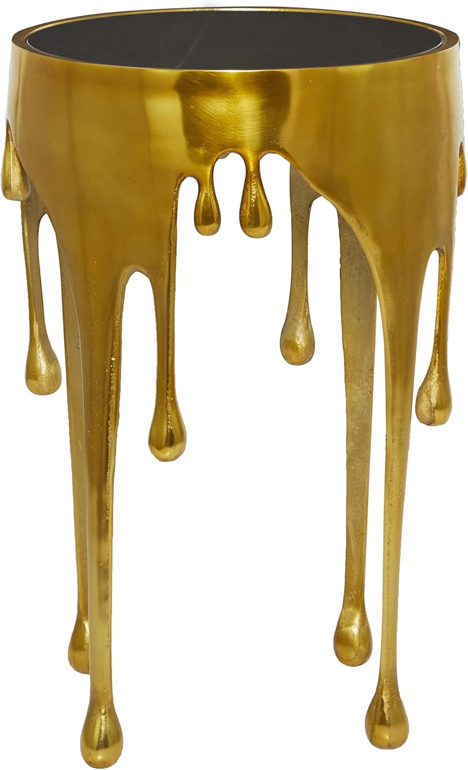 Aluminum Metal Abstract Melting Drip Accent Table with Melting Design and Shaded Glass Top, 16' X 16' X 25', Gold