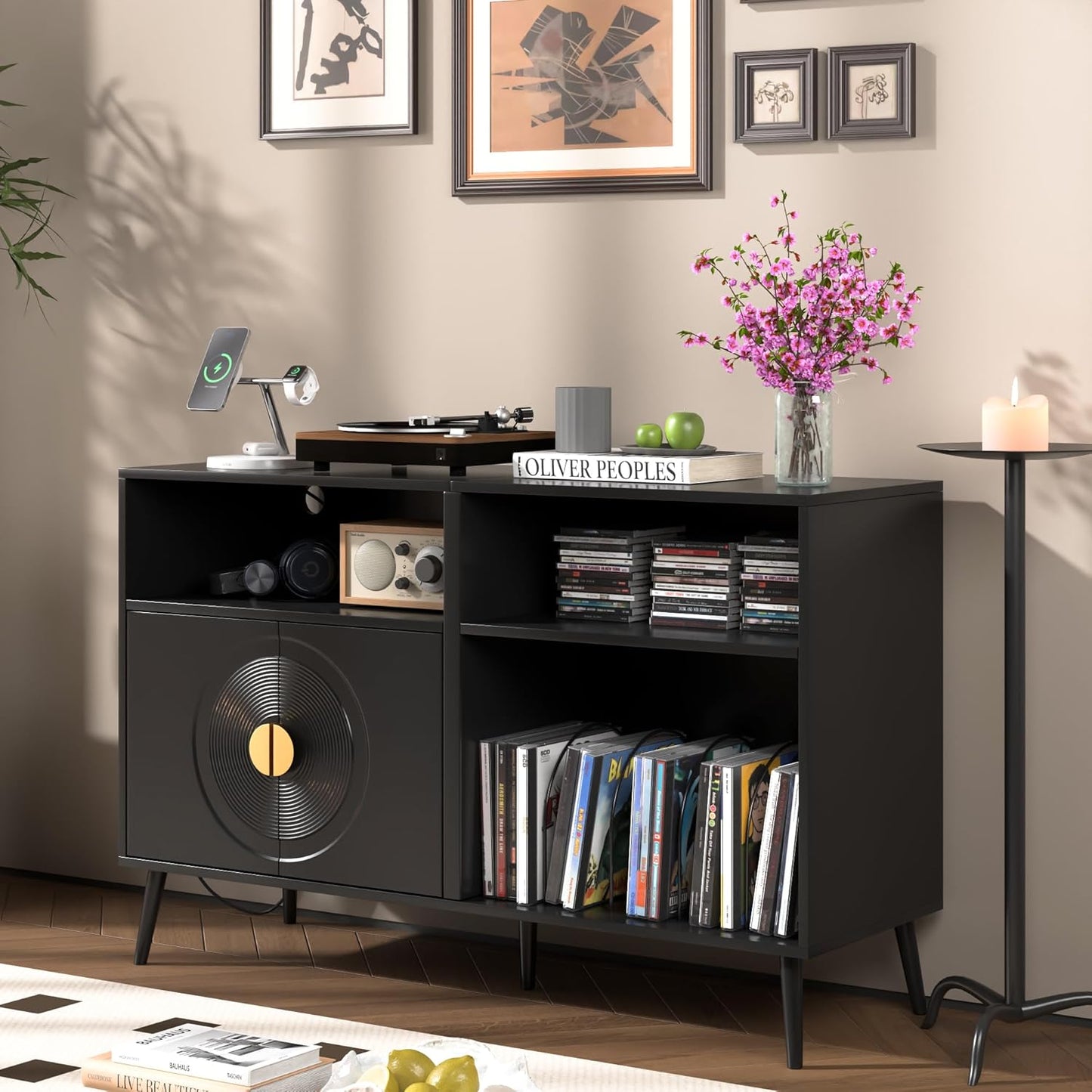 Large Record Player Stand, Mid Century Turntable Stand with Door, Record Player Table Holds up to 350 Albums,Vinyl Display Shelf for Living Room