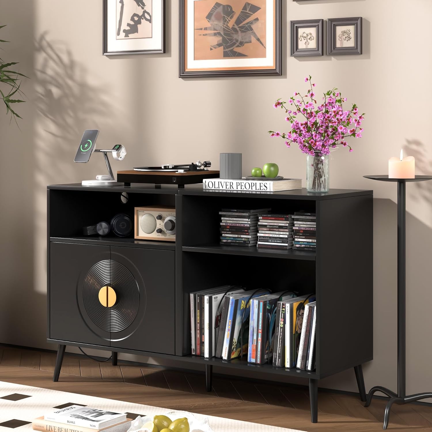 Large Record Player Stand, Mid Century Turntable Stand with Door, Record Player Table Holds up to 350 Albums,Vinyl Display Shelf for Living Room