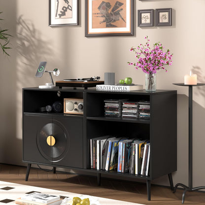 Large Record Player Stand, Mid Century Turntable Stand with Door, Record Player Table Holds up to 350 Albums,Vinyl Display Shelf for Living Room