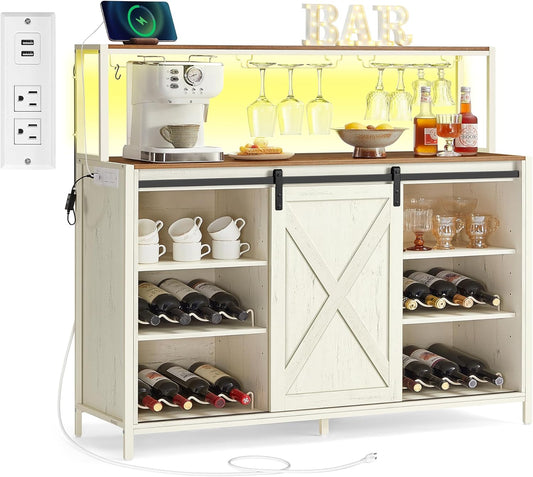 Coffee Bar Cabinet with Power Outlet and Voice Control LED Light, Buffet Cabinet with Sliding Barn Doors, S Hooks, Wine Glass Racks, Bottle Holders, Rustic White and Honey Brown ULSC201W01