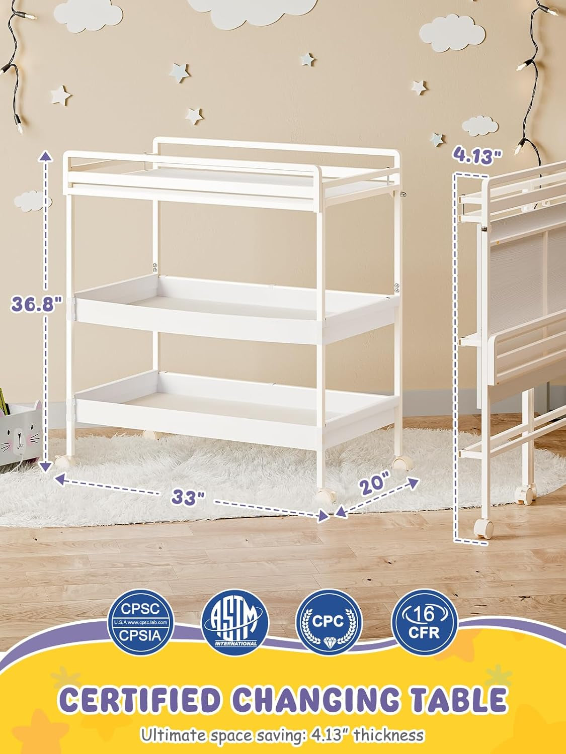 Foldable Baby Changing Table with Wheels, Certified Diaper Changing Station with Storage Drawers, 3 in 1 Portable Compact Diaper Table for Nursery, White