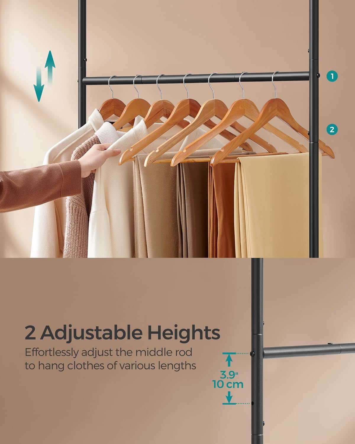 Clothes Rack with Wheels, Middle Rod Clothing Rack for Hanging Clothes, 38.8 Inches Garment Rack with Shelf, Height Adjustable, Loads up to 121 Lb, Rustic Brown and Ink Black UHSR153B01