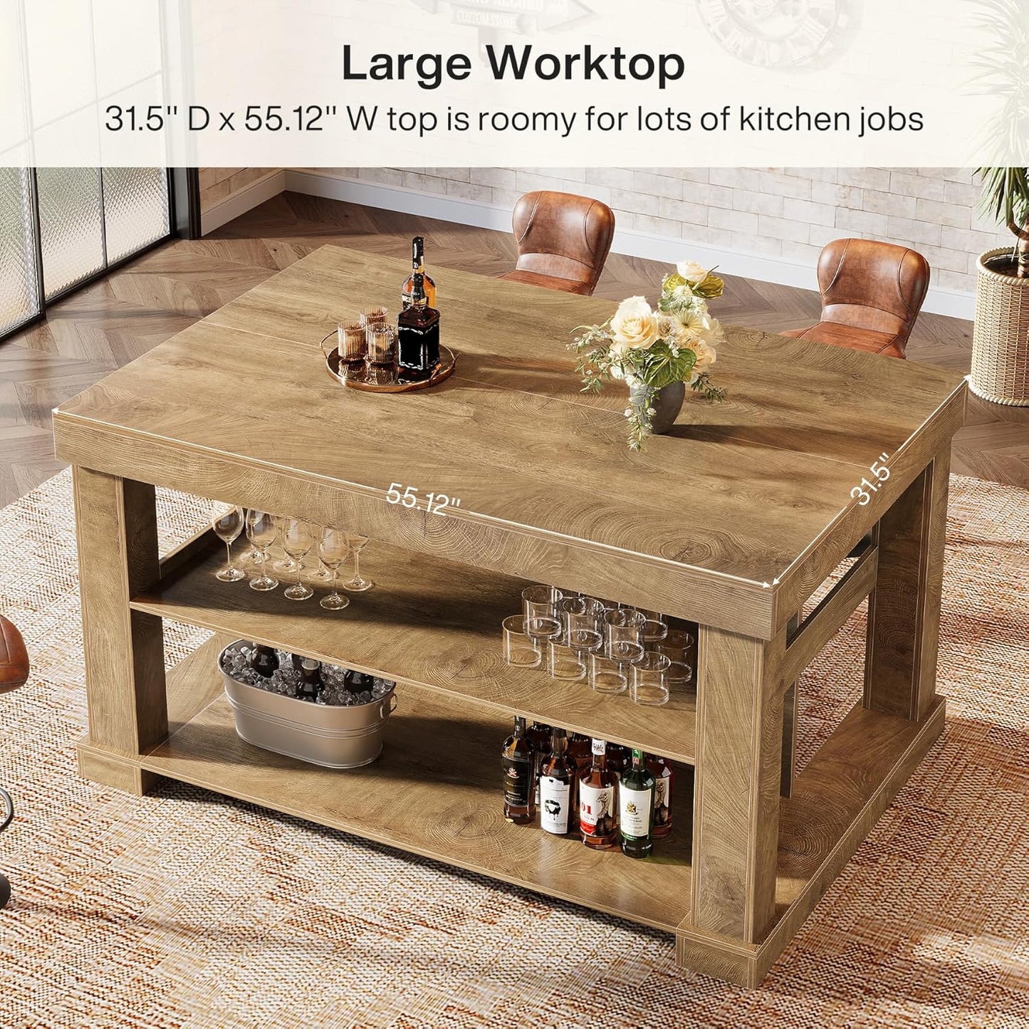 Tribesigns 55" Kitchen Island with Seating and Storage, 3-Tier Farmhouse Wood Stationary Island Table with Large Worktop & Leg Room, Coffee Bar Table with Storage Shelves for Kitchen, Natural Brown