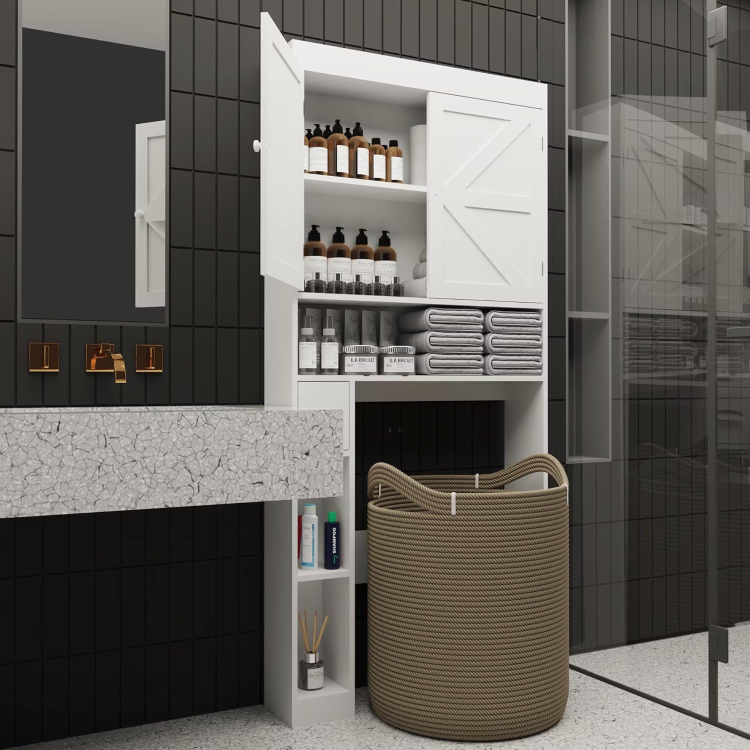 Over-The-Toilet Storage Cabinet with 2 Doors，Home Space-Saving Toilet Rack, Farmhouse Style for Bathroom, Restroom, Laundry